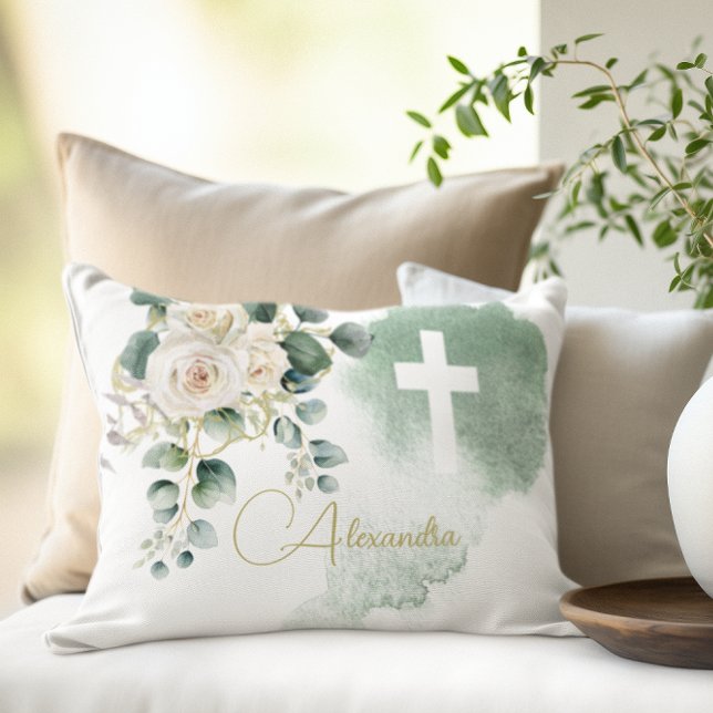 Religious Elegant Roses Green Wash Cross Decorative Cushion (Creator Uploaded)