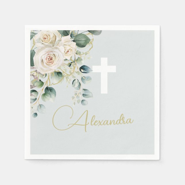 Religious Elegant Roses Green Wash Cross Napkin (Front)