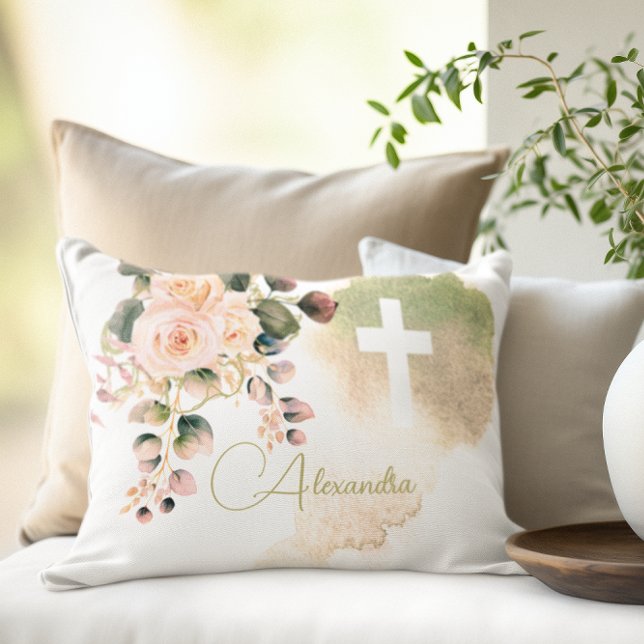 Religious Elegant Roses Pink Wash Cross Decorative Cushion (Creator Uploaded)