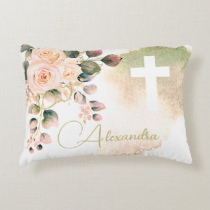 Religious Elegant Roses Pink Wash Cross Decorative Cushion