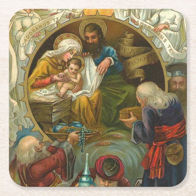 Religious Epiphany Jesus Mary Joseph Christmas Square Paper Coaster (Front)
