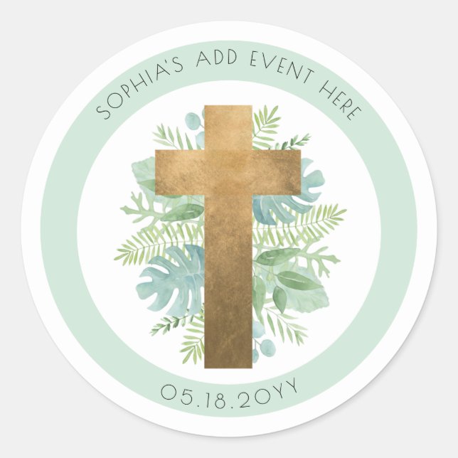 Religious Event Greenery Cross Envelope Seal/Favou Classic Round Sticker (Front)