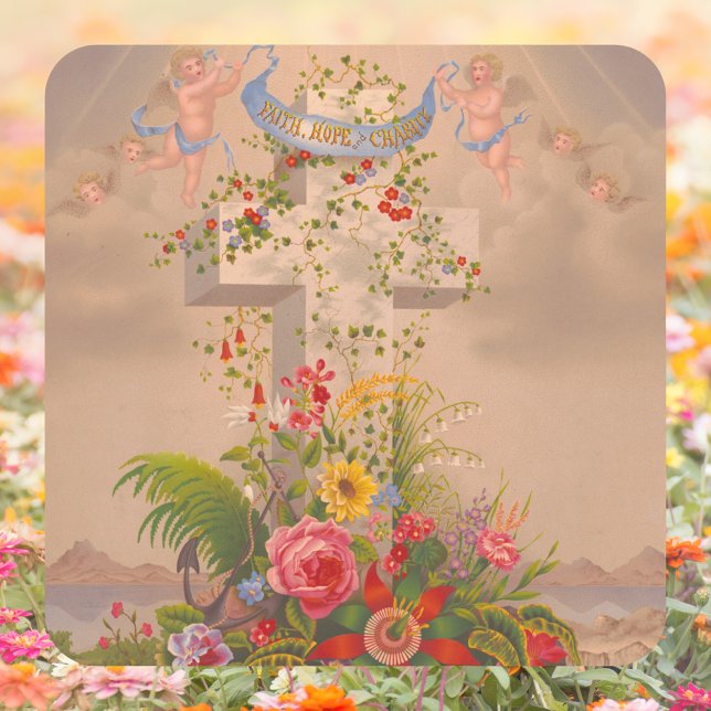 Religious Faith Hope Charity Floral Cross Easter Square Sticker (Religious Christian Catholic Faith Hope Charity Floral Cross Christ is risen Easter Square Sticker)