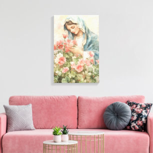 Religious Floral Blessed Mary Canvas Print