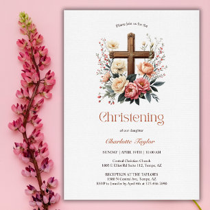 Religious Floral Catholic Cross Girl Christening Invitation