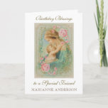 Religious Friend Birthday Virgin Mary Jesus  Card<br><div class="desc">This is a beautiful traditional Catholic customised image of the Blessed Virgin Mary with the Child Jesus with a vintage golden frame and pink roses.  All text and fonts may be modified to suit the occasion and recipient.</div>