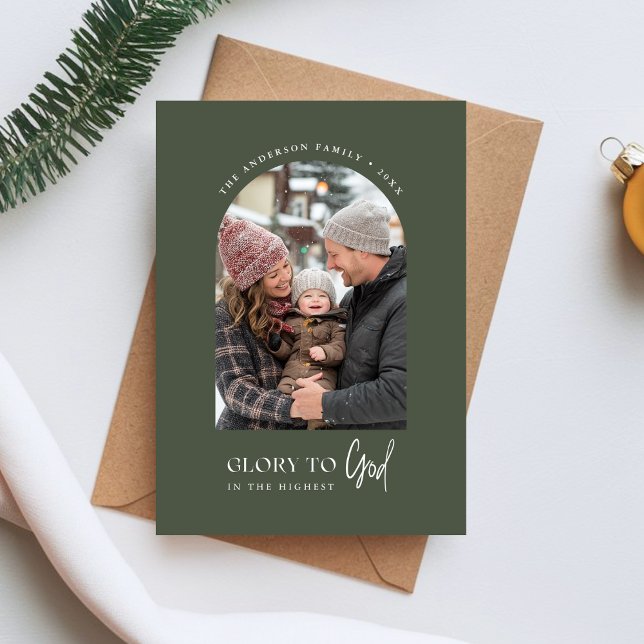 Religious Glory To God Christmas Arch Photo Green Holiday Card (Creator Uploaded)