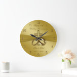 Religious Golden 50th Wedding Anniversary Clock<br><div class="desc">A Digitalbcon Images Design featuring a satin soft gold colour and religious design theme with a variety of custom images, shapes, patterns, styles and fonts in this one-of-a-kind "Religious Golden 50th Wedding Anniversary" Round Wall Clock. This soft and satiny golden design comes complete with customisable text lettering to suit your...</div>