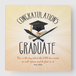 Religious Graduation Gold Starburst with Black Cap Square Wall Clock
