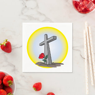 Religious Grave Cross with Red Rose Napkin