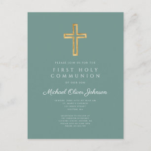 Religious Green Boy First Communion Invitation Postcard