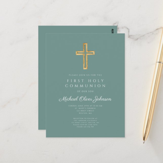 Religious Green Boy First Communion Invitation Postcard (Front/Back In Situ)