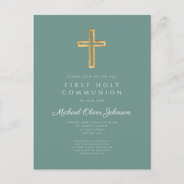 Religious Green Boy First Communion Invitation Postcard (Front)