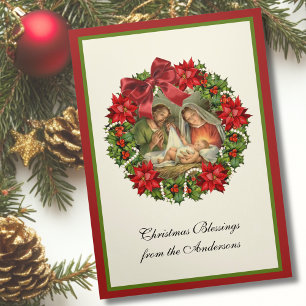 Religious Jesus Mary Joseph Nativity Poinsettia  Tri-Fold Holiday Card