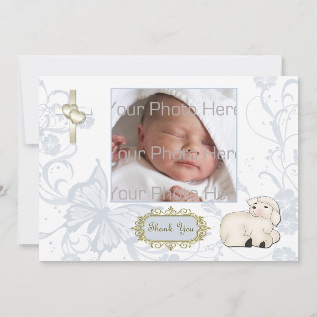 Religious Lamb, Cross, Blue Floral Photo Card (Front)