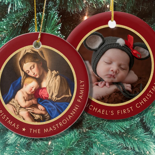 Religious Madonna & Child Baby's 1st Christmas Ceramic Ornament (Catholic Baby's 1st Christmas ornament with Madonna and Child in red and gold)