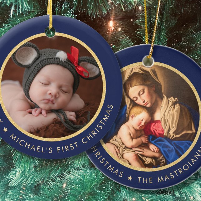 Religious Madonna & Child Baby's 1st Christmas Ceramic Ornament (Religious Baby's 1st Christmas in navy blue and gold with Madonna and Child)