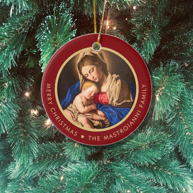 Religious Madonna & Child Catholic Christmas Gift  Ceramic Ornament (Catholic Christmas ornament with Madonna and Child in red and gold with family name)