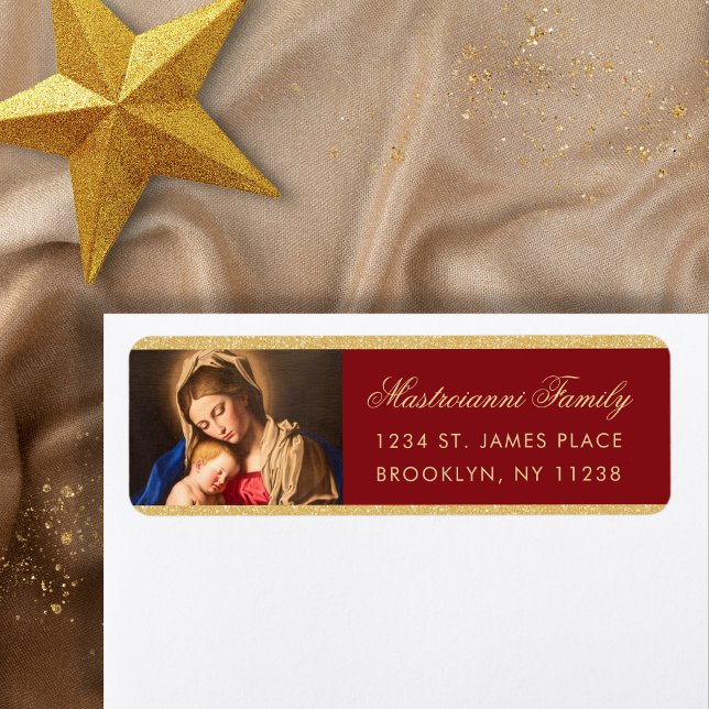 Religious Madonna & Child Christmas Return Address Label (Religious Christmas address label in red and gold with the Madonna and Child for Catholics)