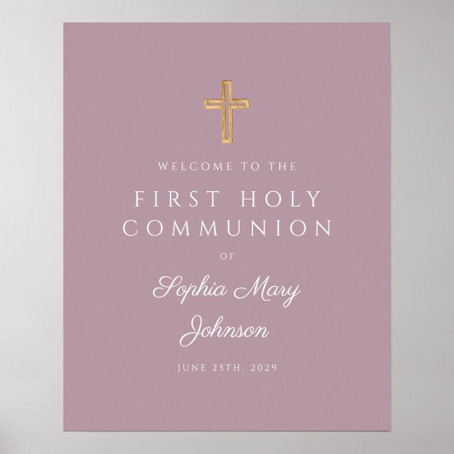 Religious Mauve Girl First Communion Welcome Poster (Front)