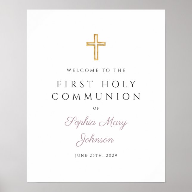 Religious Mauve Girl First Communion Welcome  Poster (Front)