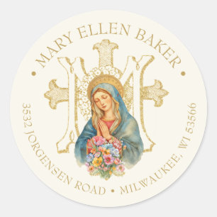 Religious Mother Mary Gold Marian Cross Classic Round Sticker