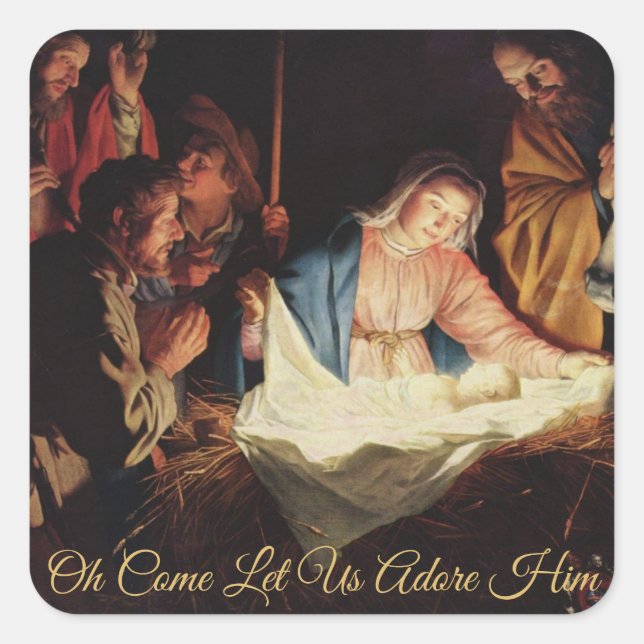 Religious Nativity Gold Script Christmas Card Square Sticker (Front)