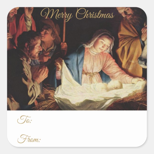 Religious Nativity Gold Script Christmas Gift Square Sticker (Front)