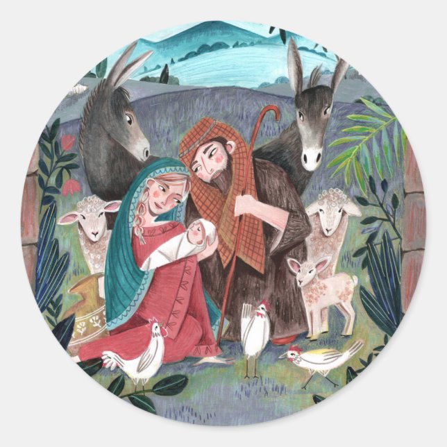 Religious nativity scene blue, red Mary & Joseph Classic Round Sticker (Front)