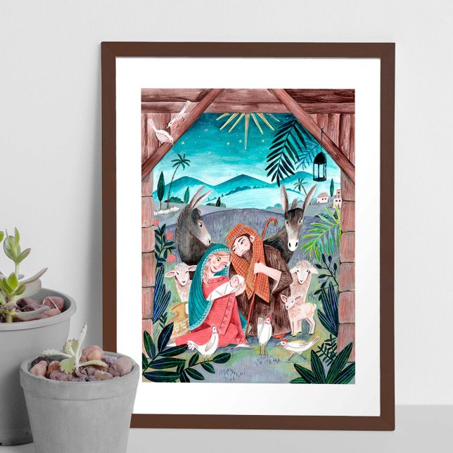 Religious nativity scene blue, red Mary & Joseph H Poster (Creator Uploaded)