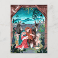 Religious nativity scene blue, red Mary & Joseph