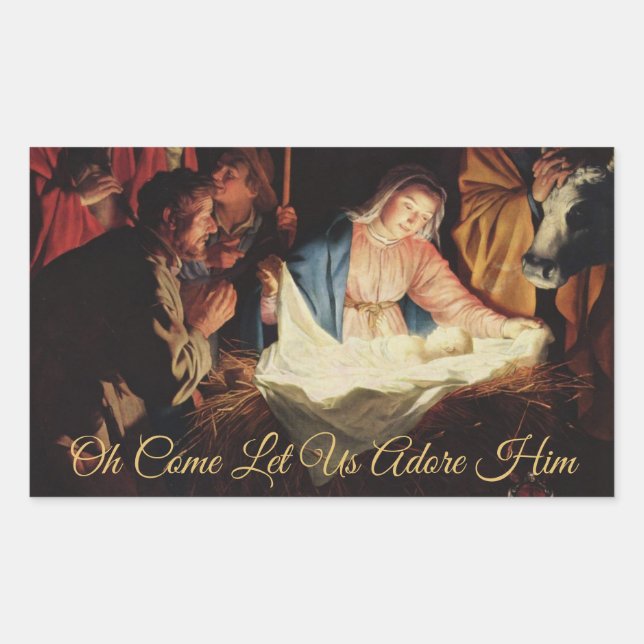 Religious Nativity Scene Gold Calligraphy Rectangular Sticker (Front)