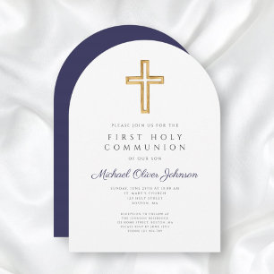 Religious Navy Blue Boy First Communion Arch Invitation