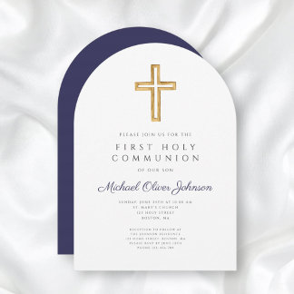 Religious Navy Blue Boy First Communion Arch Invitation
