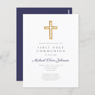 Religious Navy Blue Boy First Communion Invitation Postcard