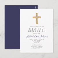 Religious Navy Blue Boy First Communion Invitation