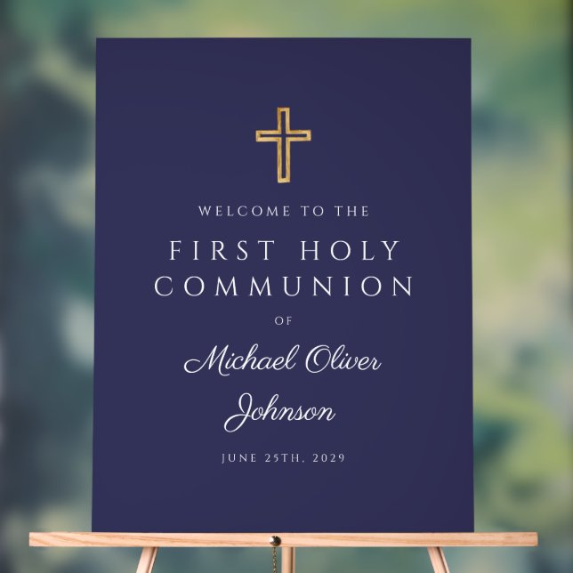 Religious Navy Blue Boy First Communion Welcome Acrylic Sign (Neutral)