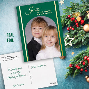 Religious Photo Christmas Green Gold Foil Holiday Postcard