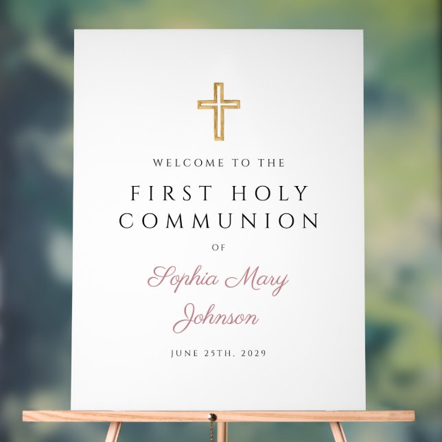 Religious Pink Script Girl First Communion Welcome Acrylic Sign (Neutral)