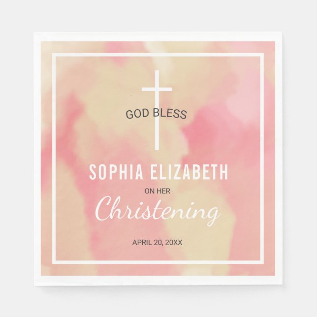 Religious Pink Watercolor Girl Christening Napkin (Front)