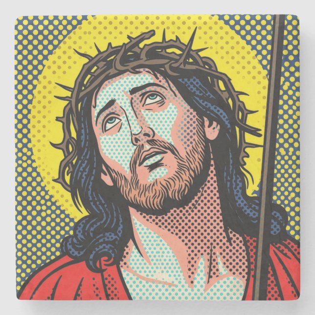Religious Pop Art Crown of Thorns Halftone Comic P Stone Coaster (Front)