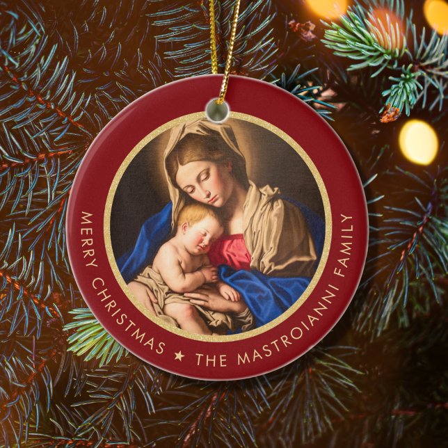 Religious Red & Gold Madonna & Child Christmas Ceramic Ornament (Red and gold religious Christmas ornament with Madonna and Child for Catholics and Christians)