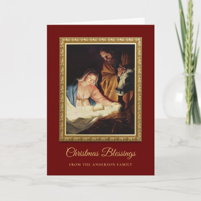 Religious Red Gold Nativity Christmas Holiday Card (Front)