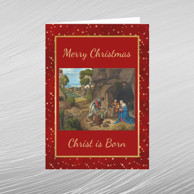Religious Red Gold Stars Nativity Photo Christmas Card (Creator Uploaded)