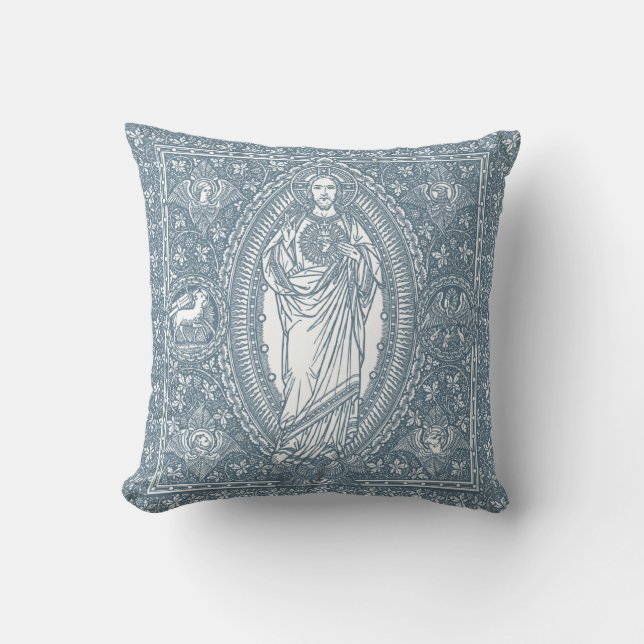 Religious Sacred Heart of Jesus Blue and White Art Cushion (Front)