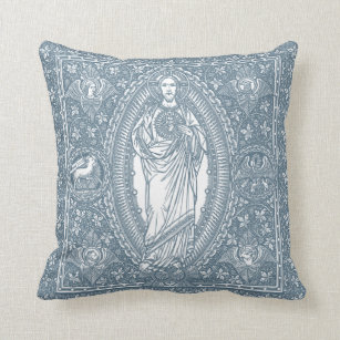 Religious Sacred Heart of Jesus Blue and White Art Cushion