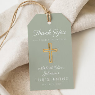Religious Sage Green Wood Cross Christening Gift Tags