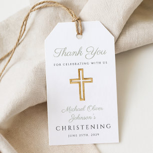 Religious Sage Green Wood Cross Christening Gift Tags
