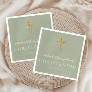 Religious Sage Green Wood Cross Christening Napkin