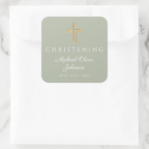 Religious Sage Green Wood Cross Christening Square Sticker
